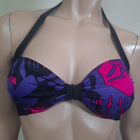 Vintage 90s High Cut Bikini Set Size XS Hot Pink Purple Black 2 Piece Halter - Picture 2 of 12